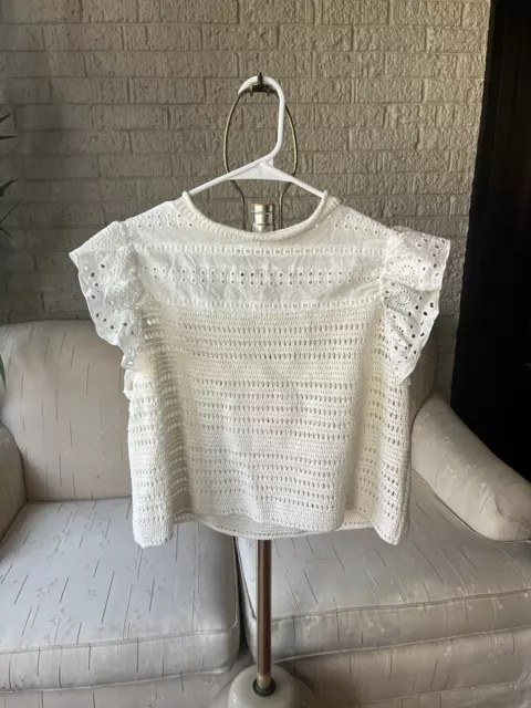 Zara Cream White Crochet Knit And Eyelet Top Women’s Size Large Cropped Fit