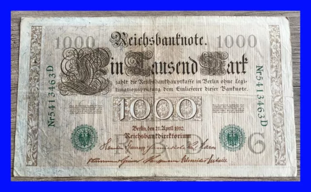 💥 1000 Mark Reichsbanknote ➰ Reichsbankdirektorium Berlin, den 21.April 1910 💥