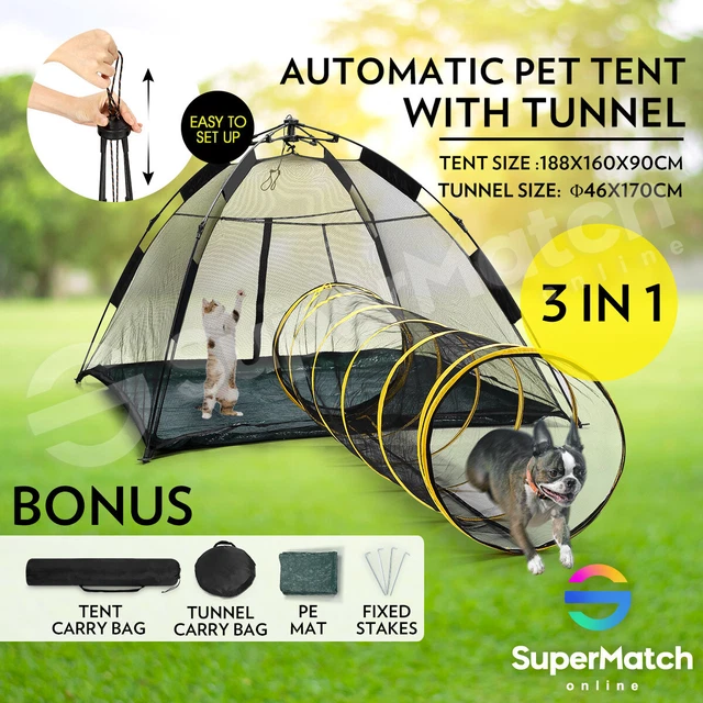Auto Pop-up Pup Tent Pet Dog Cat Outdoor Portable Play Fun House With Tunnel