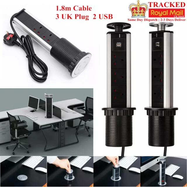 Draw Out Pull Up Pop 3 UK Plug Socket 2 USB Top Tower Power Strip Kitchen 1.8m 2