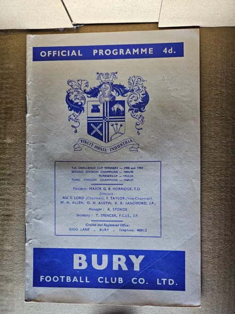 1964-1965 Bury v Cardiff City League Division 2 Programme