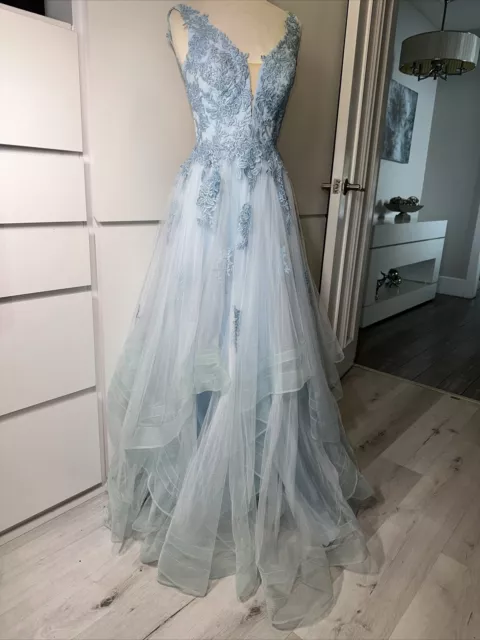 New LA Femme Layered Tulle Long Prom Gown With Lace Appliques Blue  Size 6 3