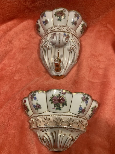 VTG 2 PC Wall Pocket Water Fountain Planter Floral Gold Trim Japan