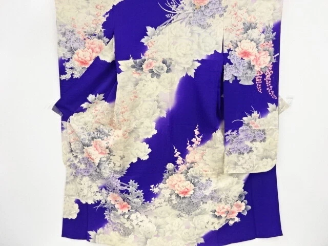 46818# Japanese Kimono / Antique Hitoe Furisode / Floral Cart