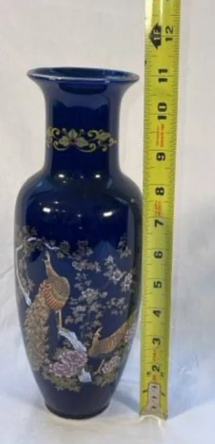 Vintage Japanese Cobalt Blue w/Peacock Bird & Flowers Porcelain Vase $30