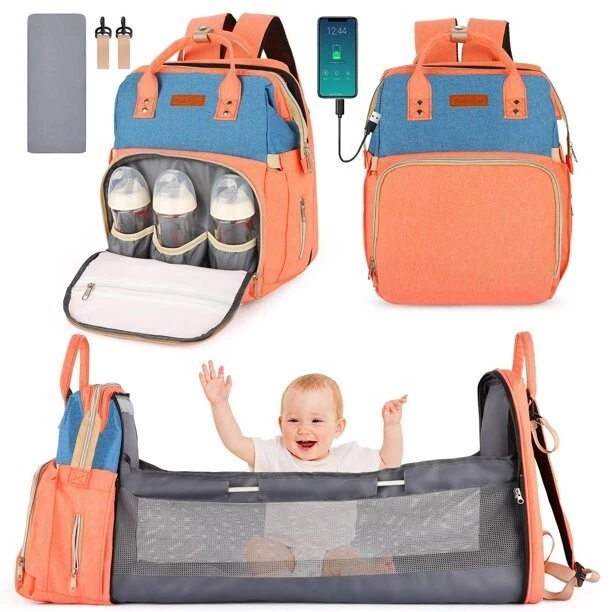 Diaper Bag Backpack, Multifunctional Baby Changing Bag with Foldable Crib & Insu