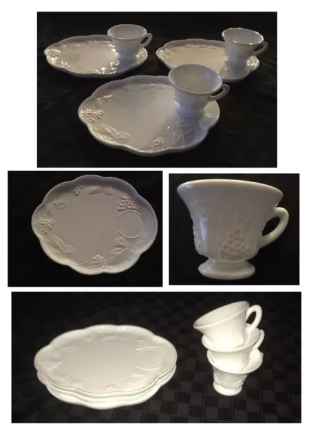 VINTAGE  Milk Glass Snack Set Plates and Cups GRAPES ON A VINE 6-Piece Set