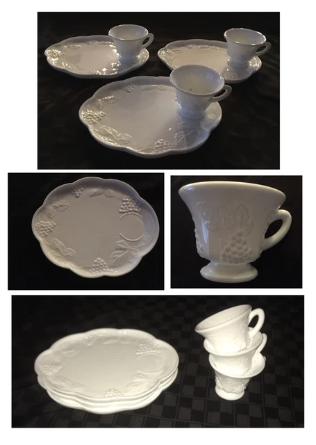 VINTAGE Milk Glass Snack Set Plates and Cups GRAPES ON A VINE 6-Piece Set VINTAGE Milk Glass Snack Set Plates and Cups GRAPES ON A VINE 6-Piece Set
