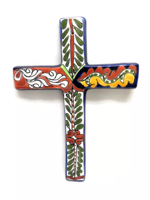 Mexican Talavera Pottery Wall Hanging Christian Cross 12 1/2