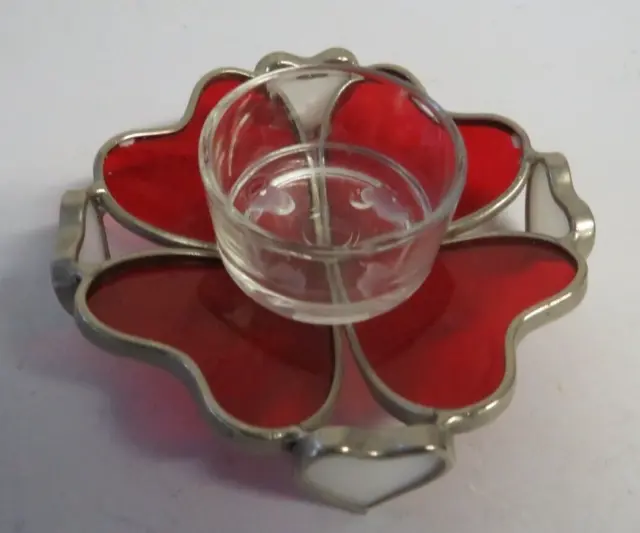 Red white stained glass heart shapes & silver metal Tea light Holder - Valentine
