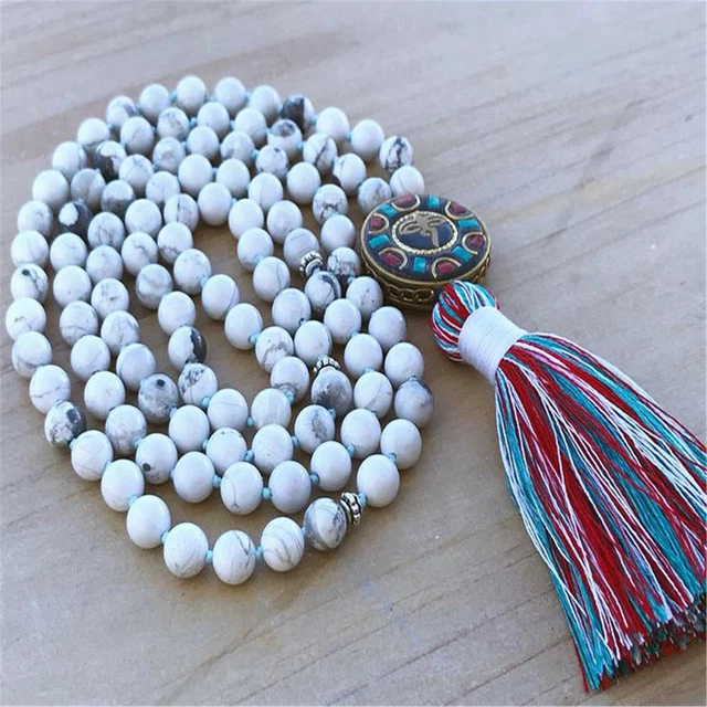 8mm Natural Howlite 108 Beads Mala Necklace Nepal pendant Handmade Pray