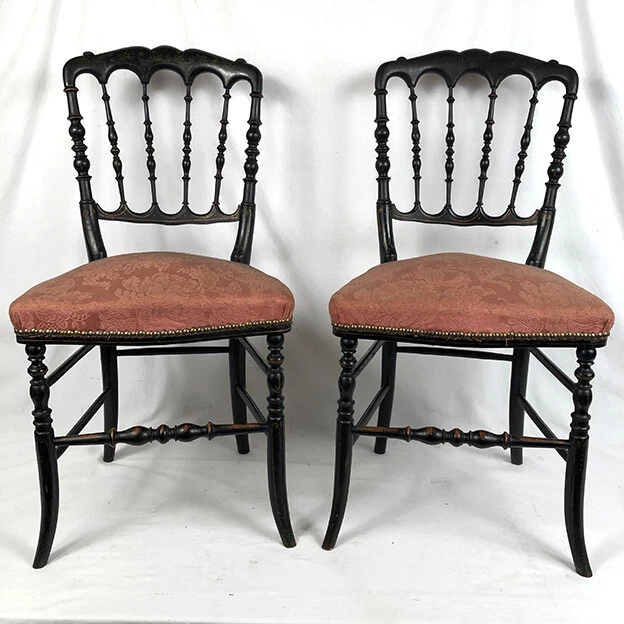 Paire De Fauteuils Napoléon III, En Bois Noirci, Garnis De T
