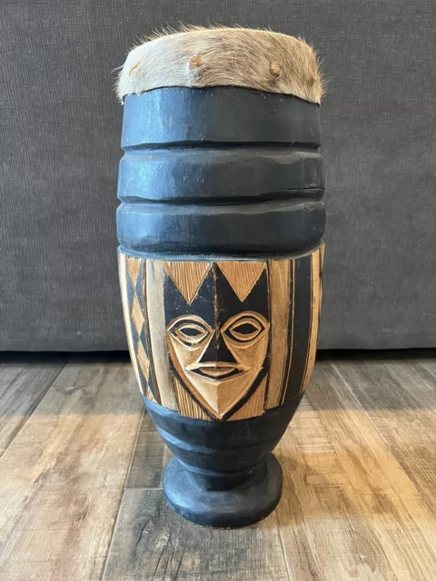 Hand Carved VTG  African Djembe Bongo Drum 21" Tall Animal Skin Percussion