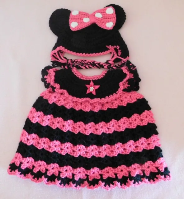 Doll Clothes Crochet Hot Pink Black Mouse Dress & Hat Fits American Girl 18"