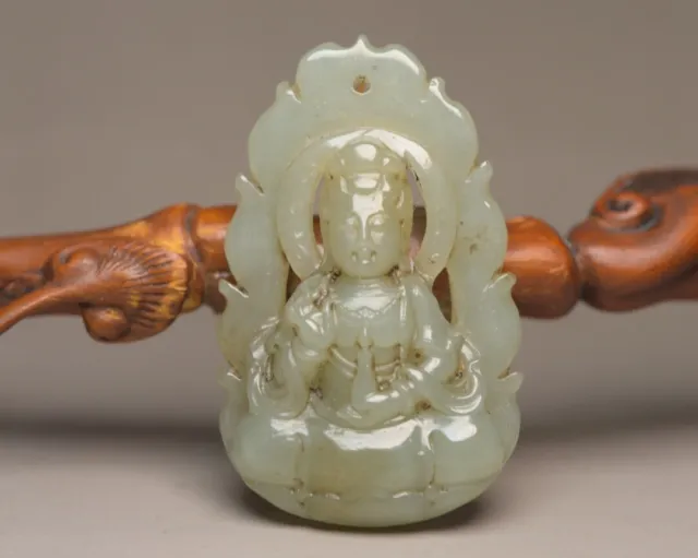 Chinese Natural Hetian Jade Carved Kwan Yin Statue Lucky Pendant Amulets Gifts