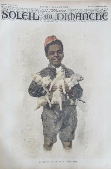 GRAVURE NOEL LE RÉVEILLON DU PETIT FRÈRE NOIR / RUGBY SOLEIL DU DIMANCHE de 1895