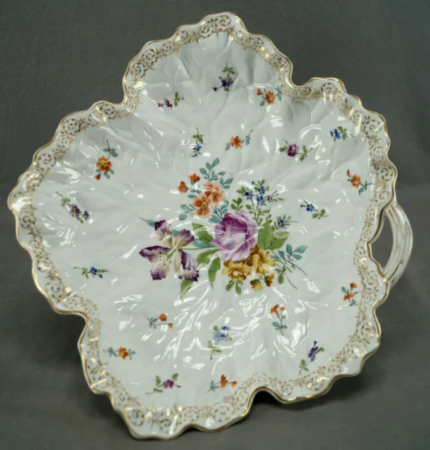 Dresden Style 19th Century Austrian Hand Painted Floral & Gold Large Leaf Dish