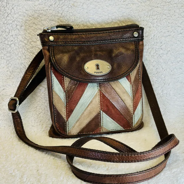 Vintage Fossil Leather Suede Canvas Patchwork Crossbody Bag Brown & Multicolor