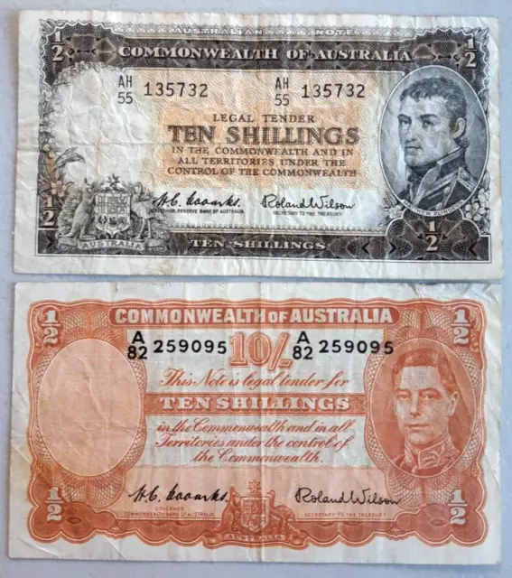 Australia pair of 10 shilling banknotes Coombs Wilson 1952 1954 circulated