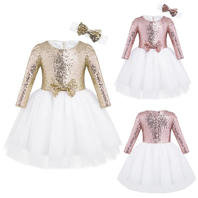 US Baby Girls Mesh Sequin Long Sleeve Dress Kids Princess Birthday Party Dresses