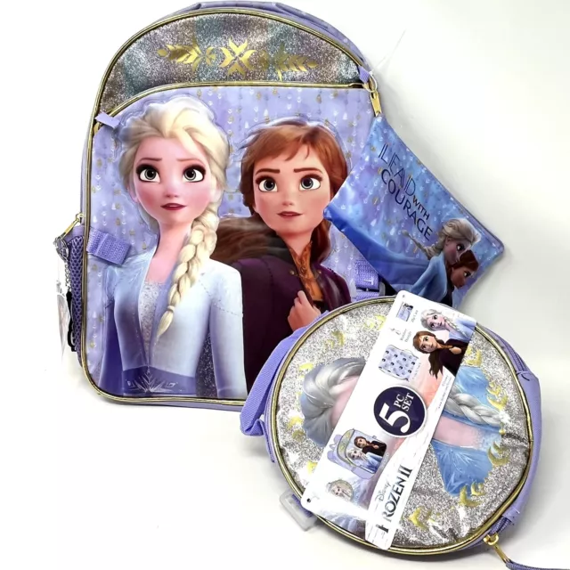 Frozen II Disney 5pc Set 16" Backpack, Lunch Kit zip case, Cinch bag, Dangle New