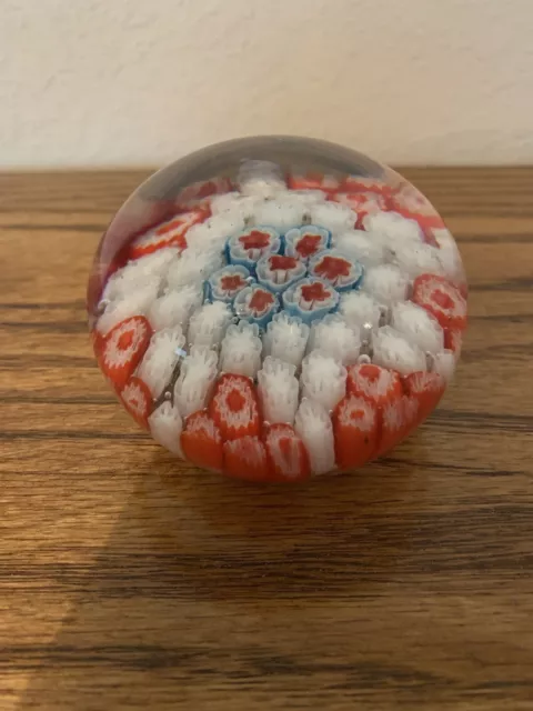 Vintage Murano Style Glass Millefiore 3 Inch Paperweight Red White And Blue