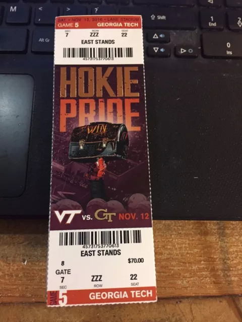 2016 Virginia Tech Hokies Vs Georgia Tech College Football Ticket Stub 11/12