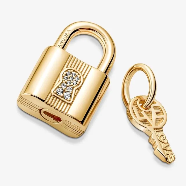 Gold Padlock & Key Dangle Pandora Charm (2pc Set) (Perfect Gift)