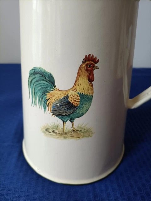 Pichet En Tôle émaillée Vintage Décor Coq - France, Très Bel état, Sans Marque