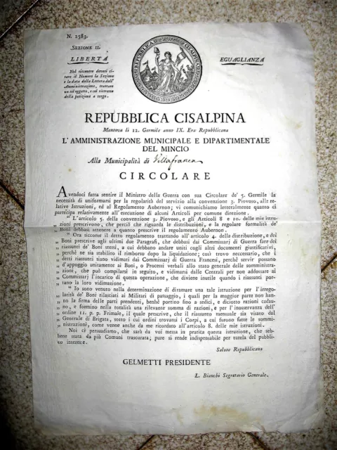 X923-Repubblica Cisalpina-Mantova Circolare Sulle Forniture Militari