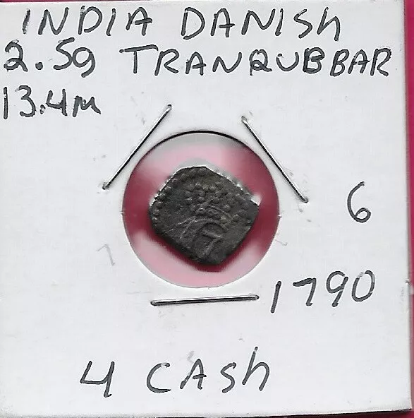 India Danish,Tranquebar 4 Cash 1790 Ruler Christian Vii,Crowned C7 Monogram,Lett