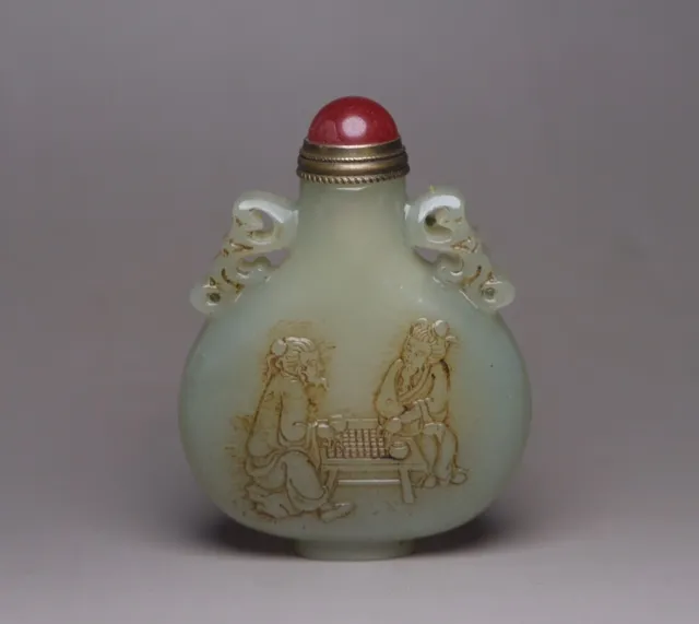 Vintage Chinese Hetian Jade Snuff Bottle Carving Figure Story Statue Gift Rare