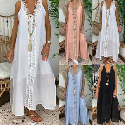 Plus Size Womens Lace Long Maxi Dress Ladies Sleeveless V-Neck Boho Sundress US