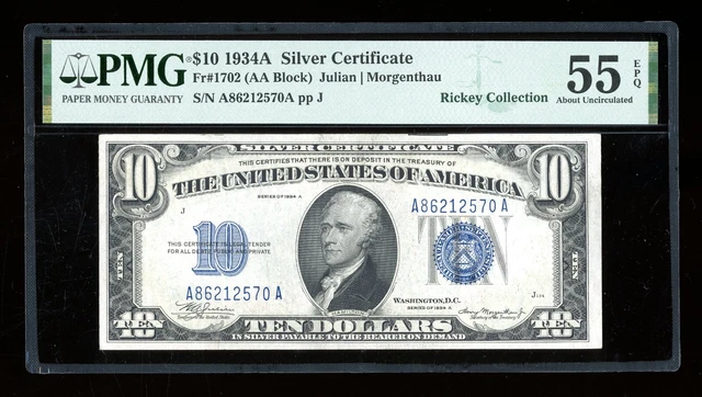 DBR 1934-A $10 Silver Fr. 1702 PMG 55 EPQ Serial A86212570A