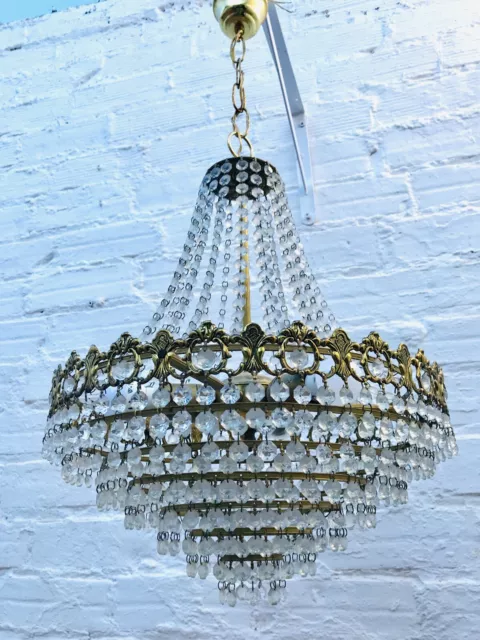 33" x 16.5" Vintage French Empire Chandelier Tiered Crystal Gold Brass Hollywood