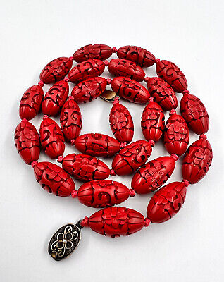 Old Chinese Silver 11mm Red Cinnabar Melon Oval Carved Flower Bead Necklace 26"
