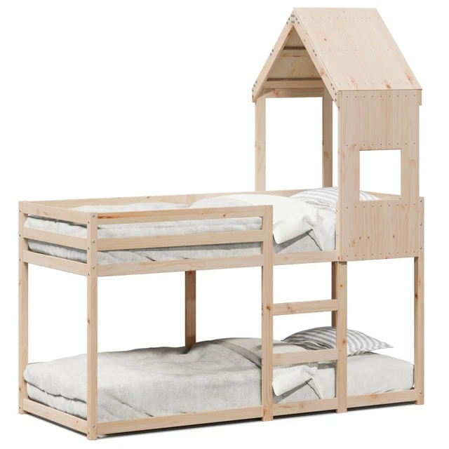 BUNK BED SOLID Pine Wood Brown Roof 90x190 cm Kids Loft Cabin Bed with ...