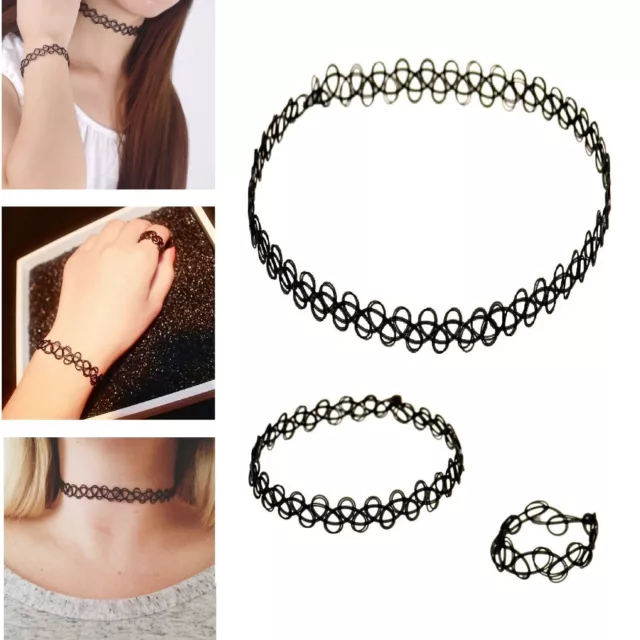 Black Choker Necklace Set Stretch Classic Gothic Tattoo Lace Retro Bracelet Ring