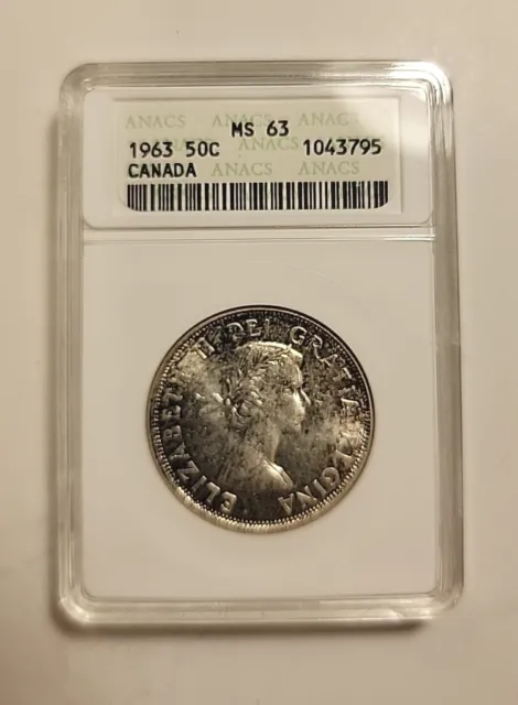 1963 Canada 50 cents Anacs MS 63 80% Silver Uncirculated Canadian Half Dollar