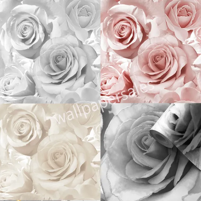MADISON GLITTER WALLPAPER Sparkle Flower Floral Rose Floral Pink Grey  Muriva £ - PicClick UK