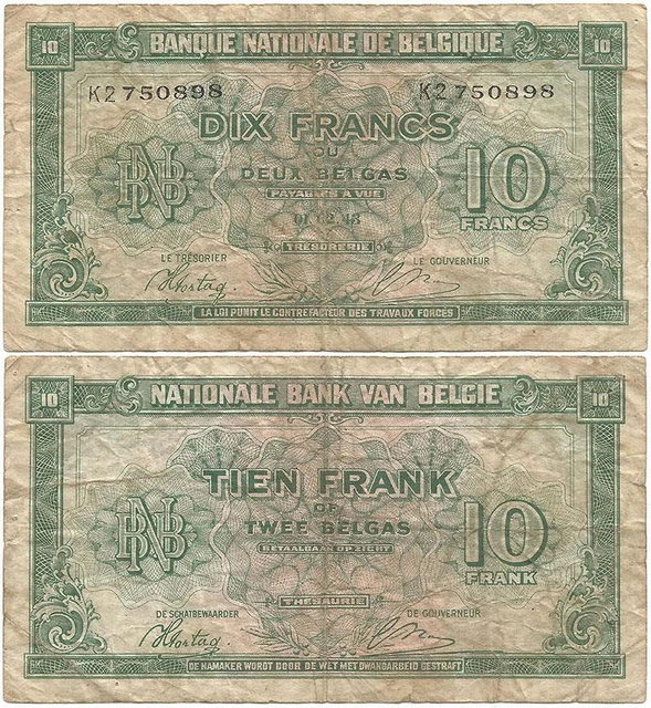 1943 WORLD WAR II Belgium KINGDOM IN EXILE (London) "10 Francs or 2 Belgas" NOTE