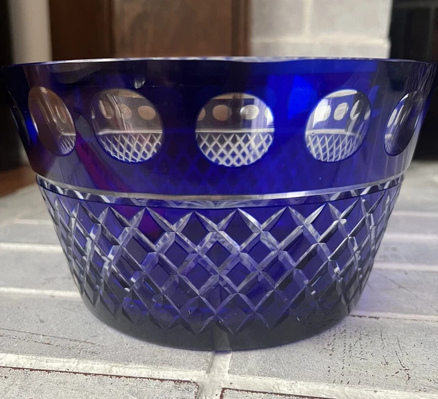 Imperial Estate Cobalt Blue Cut To Clear Crystal Bowl  9" x 5" Read Bottom Flaw