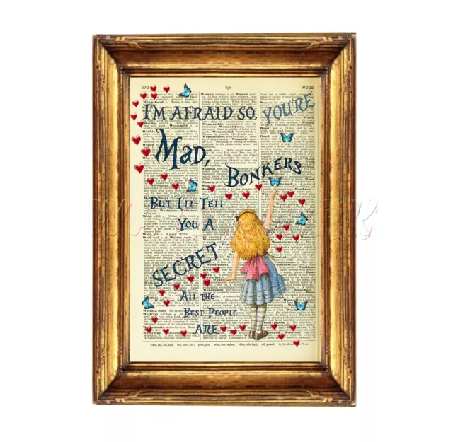 DICTIONARY PAGE ART PRINT VINTAGE ANTIQUE BOOK Alice in Wonderland Quote BONKERS