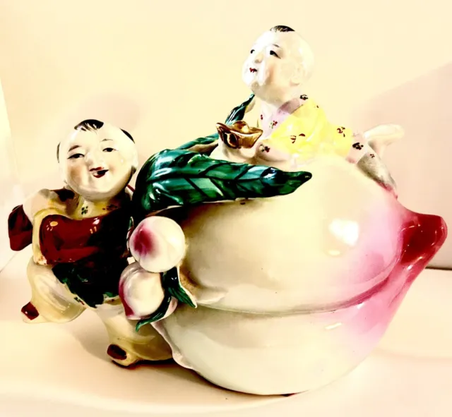 Vintage LARGE Chinese Porcelain Figural 2 Boys w Longevity Peach 11”
