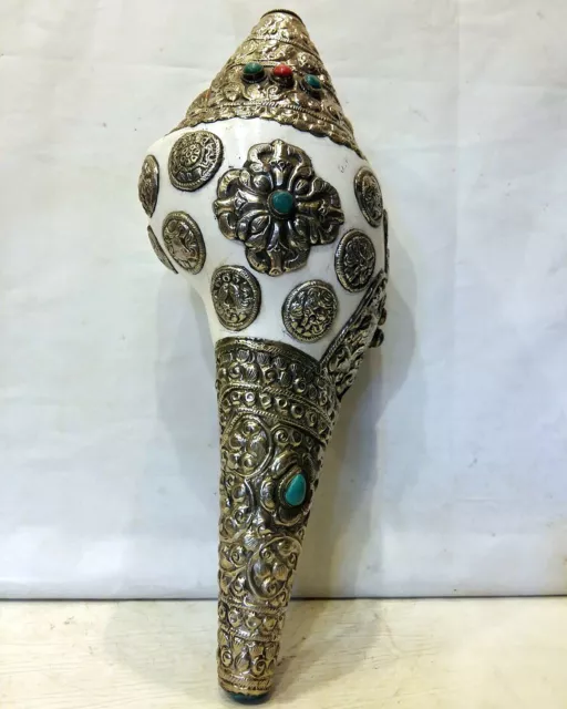 15" Tibetan Silver Blowing White Conch Shell Trumpet Ritual Turquoise Buddhist