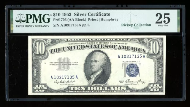 DBR 1953 $10 Silver Fr. 1706 PMG 25 Serial A10317135A