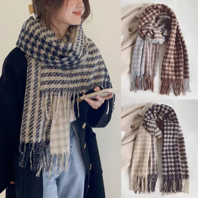 Unisex Houndstooth Knitted Scarf Imitation Cashmere Tassel Scarf Couple Outdoor