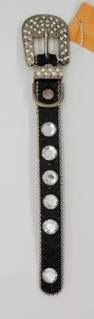 Dog or Cat Collar 8" Black Leather with Clear Rhinestones and Belt Buckle Style