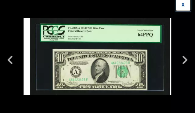 BOSTON 5 NEAR CONSEC SERIAL#s BOSTON PCGS 64 PPQ $10 1934C WIDE FACE