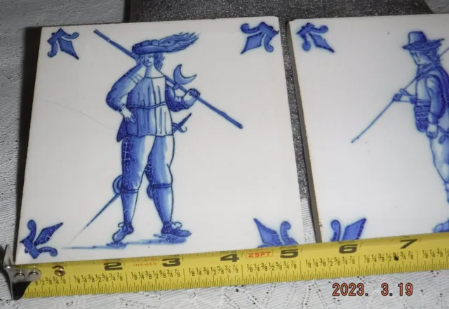 Vintage Delft Tiles Two 16th Century Soldiers w/ Swords and Spears (or Weapons) 2